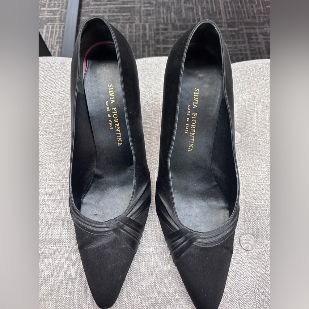 Silvia Fiorentina Black Satin Pointed Toe Designer Heels-  Made in Italy SZ 11